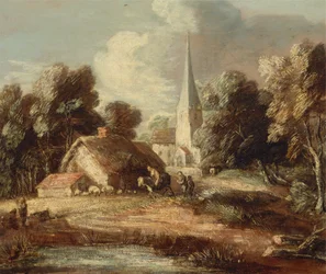 Landskap med stuga och kyrka, mellan 1771 och 1772.