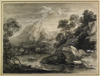 Bergigt landskap med en båt på en sjö, 1777-80