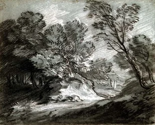 Nr.0975 Skogbevuxet landskap med ett avlägset berg (krita på blått papper)