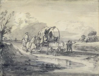 Öppet landskap med herdsman och täckt vagn, ca 1780-85 (grå och svart tvätt och krita på papper)