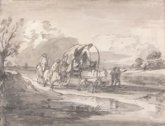 Öppet landskap med ryttare och täckt vagn