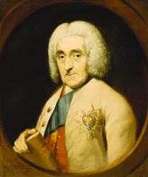 Porträtt av Lord Chesterfield, bystlängd, iklädd strumpebandsordningen, håller en bok, i en målad oval, 1769