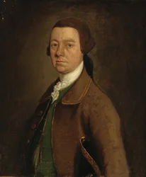 Porträtt av Sir Francis Skipwith, halvlångt, i brun rock och grön väst med hatt under vänster arm