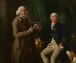 Porträtt av William Anne Hollis, 4:e earl av Essex, som överräcker en bägare till Thomas Clutterbuck från Watford
