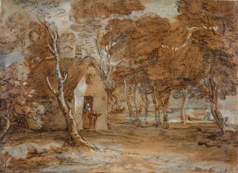 Skogbevuxen landskap, stuga, figurer och båt på sjön, 1783-1785.