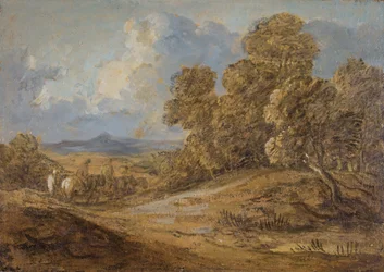 Skogbevuxen landskap med figurer till häst, 1785-1788.