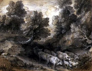 Skogbevuxen landskap med boskap och getter, ca 1768-72 (svartvit krita på papper)