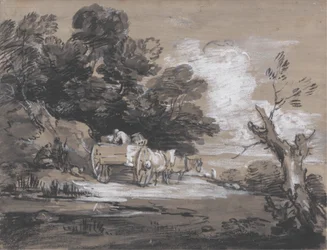 Skogbevuxen landskap med land vagn och figurer