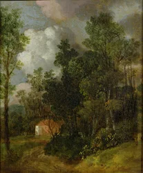 Skogbevuxen landskap med lanthus och två figurer, ca 1752 (olja på duk på duk)