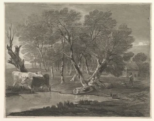 Skogbevuxen landskap med kor bredvid en pool, figurer och stuga, 1775-80.