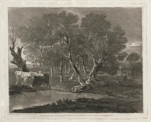 Skogbevuxen landskap med kor bredvid en pool, figurer och stuga, publicerad 1797.
