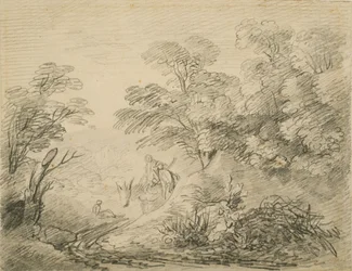 Skogbevuxen landskap med åsna och figurer, ca 1759 (grafit på papper)