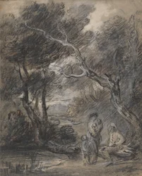 Skogbevuxen landskap med figurer
