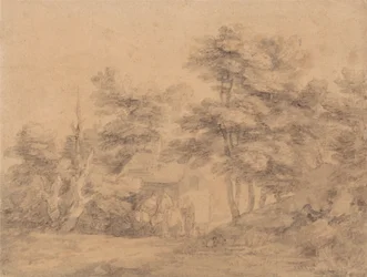 Skogbevuxen landskap med figurer, åsnor och stuga