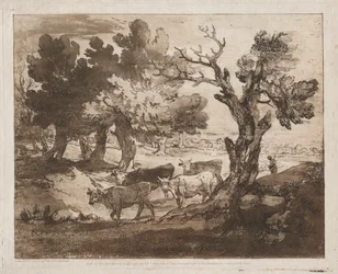 Skogbevuxen landskap med herdsman och kor