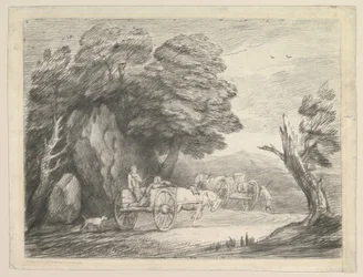 Skogbevuxen landskap med två landskärror och figurer, 1 augusti 1797.