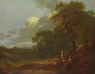 Skogbevuxen landskap med en man som pratar med två sittande kvinnor, ca. 1745.