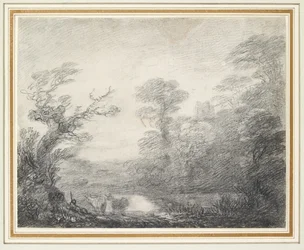 Skogbevuxet landskap med herde, kor och kyrktorn