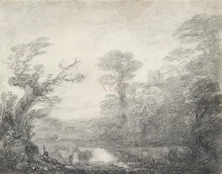 Skogsbevuxet landskap med herde, kor och kyrktorn, 1753-1757