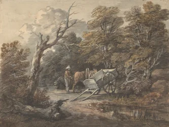 Skogsscen med en bonde, en häst och en vagn, ca. 1760.