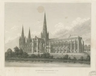 Lichfield Cathedral - South East View: gravyr, nd [c 1833] (tryck)