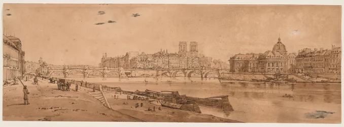 Ett urval av tjugo av de mest pittoreska vyerna i Paris: Vy över Pont Neuf, en del av Louvren, Notre-Dame och Collège des Quatre-Nations