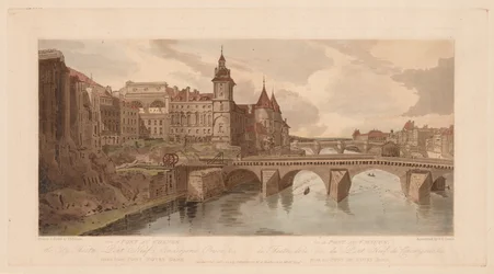 Ett urval av tjugo av de mest pittoreska utsikten i Paris: View of Pont Au Change, The City Theatre, Pont Neuf, Conciererie Prison & C taget från Pont Notre Dame