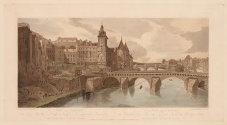 Ett urval av tjugo av de mest pittoreska vyerna i Paris: View of Pont au Change, 1803.