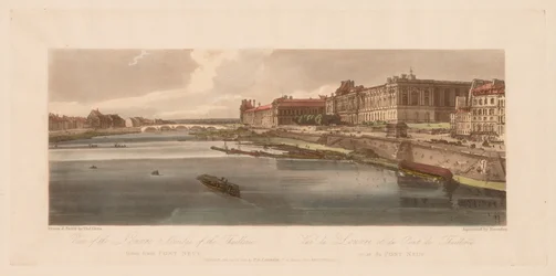 Ett urval av tjugo av de mest pittoreska vyerna i Paris: Utsikt över Louvren och bron, 1802.