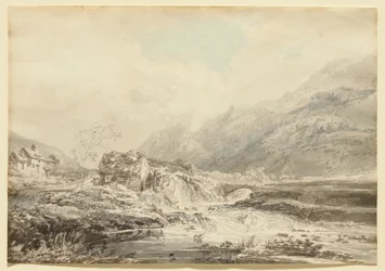 Bergslandskap med överfallskvarn och bro