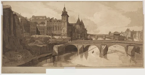 Urval av tjugo av de mest pittoreska vyerna i Paris: View of Pont au Change, 1802.