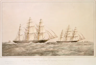 The Great China Race: Clipper-fartygen "Taeping" och "Ariel" passerar Lizard den 6 september 1866 på sin hemresa från Foo-Chow-Foo