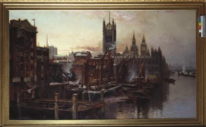 En utsikt över parlamentets hus från Themsen, London (olja på duk)