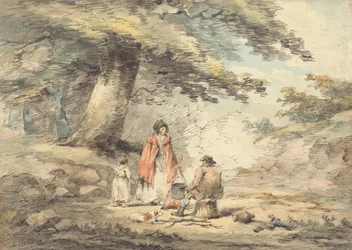 Skogbevuxen landskap med figurer runt en kokkärl
