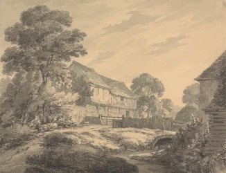 Bondgård och byggnader vid en bäck