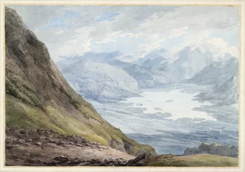 Utsikt från Skiddaw över Derwentwater (wc över penna på papper)