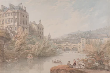 Utsikt över Bath från Spring Gardens (wc med penna och grått bläck över grafit på vävt papper)