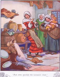 Och till och med förstörde kvinnornas chattar (färglitografi)