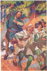 Han körde de tre framför sig, deras skrik av ilska och smärta dränktes av hans skratt (färglitografi)
