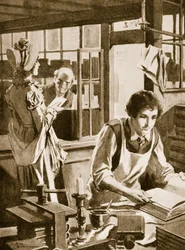 Michael Faraday som lärling hos en bokhandlare läser en encyklopedi (litografi)