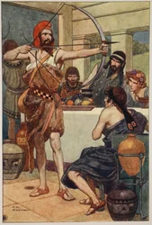 Odysseus straffar friarna (färglitografi)