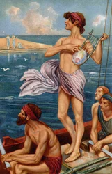 Orfeus lyfte sin harpa och slog med sin listiga hand över strängarna (chromolitho)