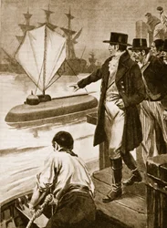 Robert Fulton i Frankrike visar sin ubåt "Nautilus" i drift (litografi)
