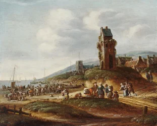 Fiskare lastar av sin fångst på stranden nära Egmond