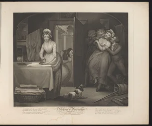 Återhållsamma och lösaktiga pigor Tavla 1. Den blygsamma flickan och de vilda/medtjänare i en gentlemans hus (titel på objektet) Virtue and Debauchery (serietitel) Diligence & Dissipation (serietitel på objekt)