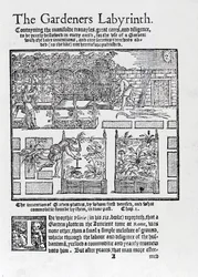 Berså byggd som en skugga mot solen och plantering i högbäddar, från The Gardeners Labyrinth, 1577