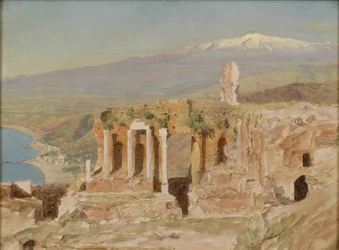 Utsikt över ruinerna av den grekiska teatern vid Taormina och Etna, Sicilien