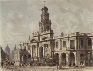 A View of The Royal Exchange, Cornhill, graverad av Daniel Havell (1785-1826), pub. 1816 av Ackermann