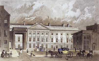 En samtida gravyr av det nya kungliga myntverket, ca 1830 (handfärgad gravyr)