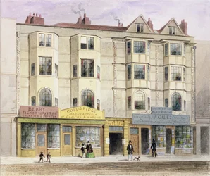 Ett gammalt hus som kallas Half Moon Tavern, på västra sidan av Aldersgate Street, 1852.